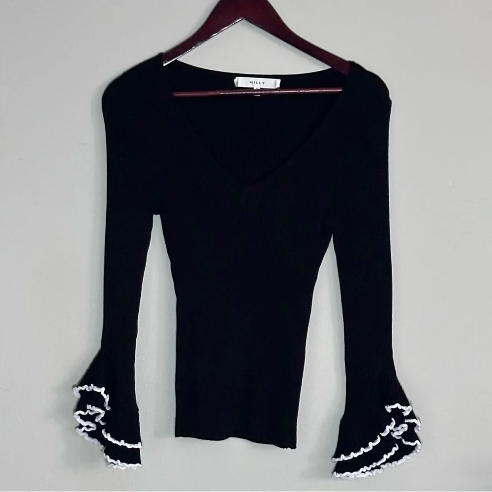 Milly | Ribbed Ruffle Bell Sleeve V-Neck Knit Top | Small - Picture 2 of 12